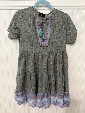 VICI Green & Blue Floral Tassel Tiered Boho Mini Dress